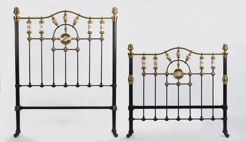 An antique brass and iron double bed with floral porcelain decoration, late 19th early 20th century, ​175cm high, 138 cm wide, 196cm long