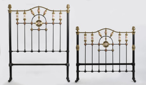An antique brass and iron double bed with floral porcelain decoration, late 19th early 20th century, 175cm high, 138 cm wide, 196cm long