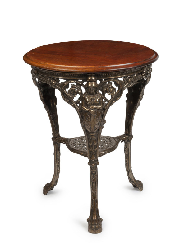 A "Britannia" pub table, cast iron base with hardwood top, 76cm high, 56cm diameter