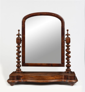 An antique English mahogany toilet mirror with barley twist columns, 19th century, 61cm high, 64cm wide, 25cm deep