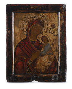 A Greek Orthodox icon depicting Mary, Mother of God of the Passion, painted on wood panel, 18th/19th century,23 x 17cm