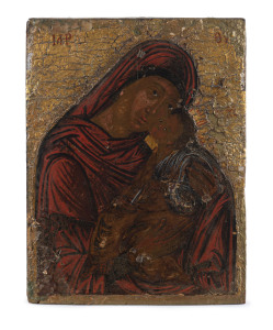 A Greek Orthodox icon depicting the Mother of God of Tenderness, painted on wood panel, circa 1800, later inscription verso "Virgin & Child, from Cephalonia", 20 x 15.5cm.