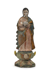 An antique polychrome statue depicting The Immaculate Conception (with Mary standing on a crescent moon), Spanish, 18th/19th century,29cm high