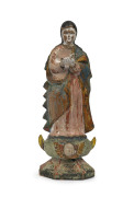 An antique polychrome statue depicting The Immaculate Conception (with Mary standing on a crescent moon), Spanish, 18th/19th century,29cm high