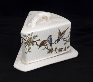 An antique English porcelain cheese dish and cover, 19th century, circular impressed mark (illegible), 19cm high, 20cm wide
