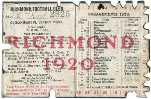 RICHMOND: Member's Season Ticket for 1920, with fixture list & hole punched for each game attended. Fair condition.