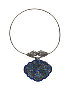 An antique Chinese silver and enamel pendant on silver dragon choker, Qing Dynasty, 19th century, the pendant 10cm high, 12cm wide, 1.5cm deep, the choker 21cm wide