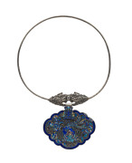 An antique Chinese silver and enamel pendant on silver dragon choker, Qing Dynasty, 19th century, ​the pendant 10cm high, 12cm wide, 1.5cm deep, the choker 21cm wide