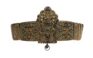 An antique Turkic belt, gilt metal and enamel studded with green and red stones, Central Asian origin18th/19th century, 77cm long, the buckle 12cm high