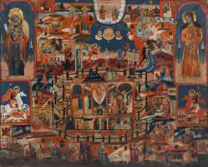 A Rare and Important Palestinian School Proskynetarion or Pilgrim’s Memento, comprising images of the Holy Sepulchre within the City of Jerusalem, and numerous holy personages and scenes from Scripture. circa 1800, painted on canvas; laid down on new canvas and reframed during the 20th century. 92 x 114cm.