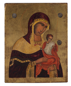 The Virgin Mary and Jesus, Orthodox icon painted on wooden panel with gilded background, 20th century,42 x 34cm
