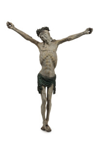 An antique crucifix figure of Christ, painted lead, 18th/19th century, 