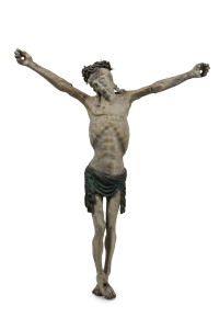 An antique crucifix figure of Christ, painted lead, 18th/19th century,