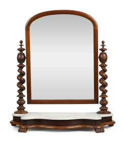 An antique English mahogany toilet mirror with barley twist columns and marble top, 19th century, 80cm high, 73cm wide, 27cm deep