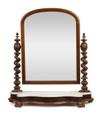 An antique English mahogany toilet mirror with barley twist columns and marble top, 19th century, ​80cm high, 73cm wide, 27cm deep