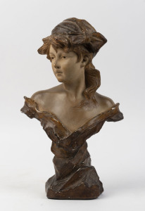 An antique Continental bust of a young woman, painted chalk ware, late 19th century, 43cm high