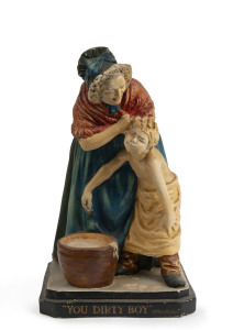"YOU DIRTY BOY" Pears Soap rare point of sale advertising statue, painted chalk ware, circa 1880s, designed by Giovanni Focardi, 39.5cm high