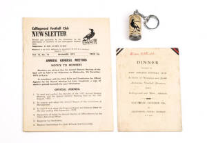 COLLINGWOOD: Range with 1927 dinner menu for West Adelaide hosting Collingwood; 1969-81 newsletters (15); Collingwood mini flashlight.