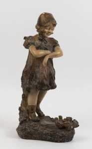 A Continental chalk ware statue of a girl with a clutch of chicks, signed "Dupont", late 19th century, 57cm high