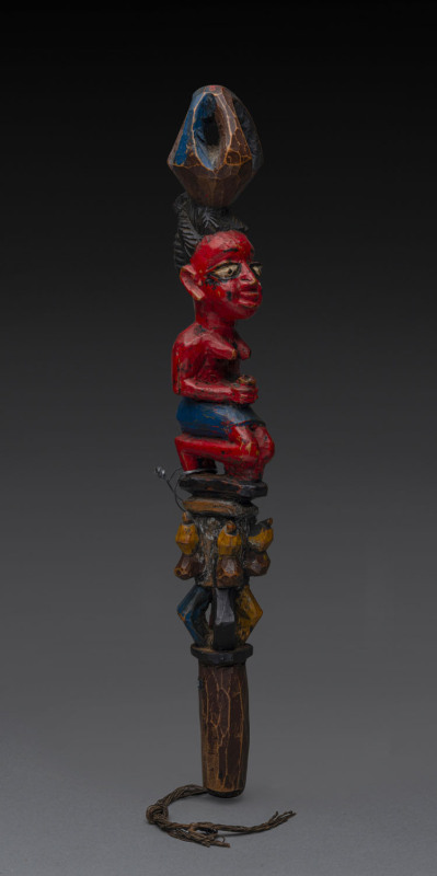 SHANGO STAFF, carved wood with red, blue and yellow painted finish, Yoruba tribe, Nigeria, ​44.5cm high