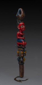 SHANGO STAFF, carved wood with red, blue and yellow painted finish, Yoruba tribe, Nigeria, 44.5cm high