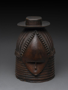 Bundu mask, double sided with removable European style hat, carved and patinated wood, Mendi tribe, Sierra Leone, 34cm high
