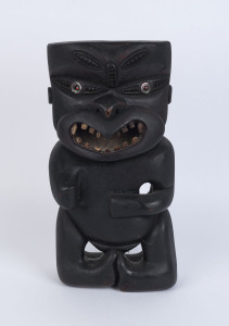 MAORI Tiki statue, carved wood and shell, New Zealand origin, 57cm high