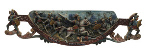 "VESPRO SICILIANO" carved wood and polychrome finished wall plaque celebrating the Sicilian uprising in 1282 against the French born Charles I who had ruled the island since 1266. 19th century, 23cm high, 88cm wide.