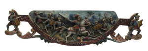 "VESPRO SICILIANO" carved wood and polychrome finished wall plaque celebrating the Sicilian uprising in 1282 against the French born Charles I who had ruled the island since 1266. 19th century, ​23cm high, 88cm wide.