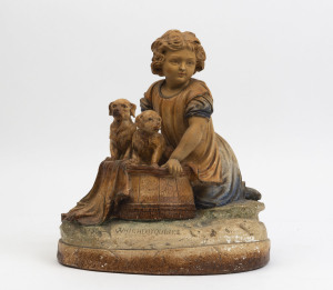 "WHICH DOG DO YOU LIKE", painted chalk ware statue, late 19th century, signed "Mattei Bros. Co.", ​37cm high