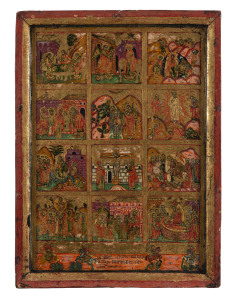 A fine Greek (probably Asia-Minor) icon, depicting the Twelve Great Feasts of the Orthodox Church hand-painted on wooden panel with gilt background; inscribed at base "By the hand of the monk Theophilos of Chaldia", circa 1800, 43.5 x 32.5cm.