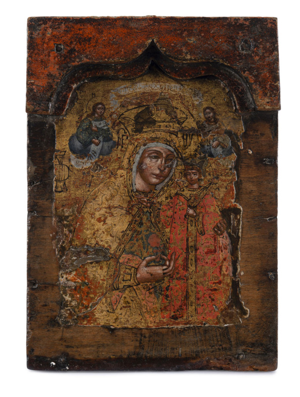 An antique Greek Orthodox icon depicting Mary, Mother of God of the Unfading Rose, painted on wooden panel, 18th/19th century,​23 x 17cm