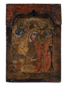 An antique Greek Orthodox icon depicting Mary, Mother of God of the Unfading Rose, painted on wooden panel, 18th/19th century,​23 x 17cm