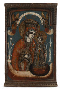 An antique Greek Orthodox icon depicting Mary as Mother of God of the Unfading Rose, carved and painted timber panel, 18th/19th century, 32 x 21cm