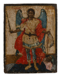 A Greek icon depicting the Archangel Michael chastising the soul of a rich man, hand-painted on wooden panel, 18th century, 30 x 23cm
