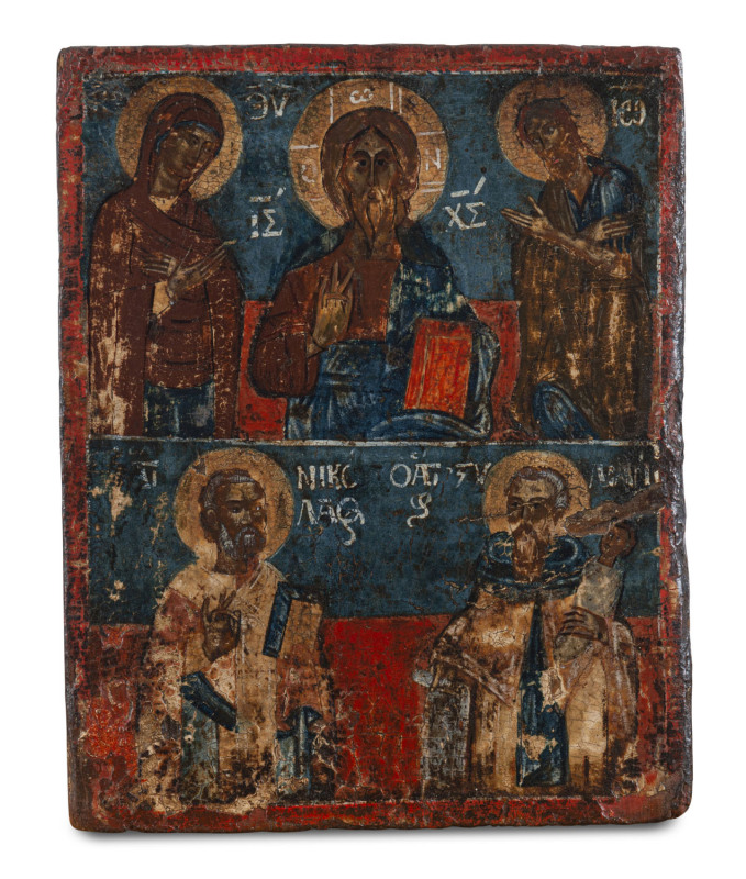 A Greek Orthodox Deesis icon depicting Jesus surrounded by St. Nicholas, John the Baptist, Mary and St. Stylianos, painted on wooden panel, 18th/19th century, 22 x 18cm