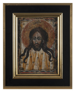 An icon of The Mandylion or The Holy Face of Edessa (Turkey), Asia Minor, mid 18th century, later frame and mounting, 25 x 18cm, 36 x 29cm overall.