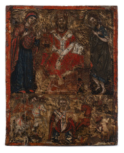 An antique Greek Deesis icon with throned Christ surrounded by the Virgin Mary, John the Baptist, St. George and St. Demetrios, circa 1800,29.5 x 23cm