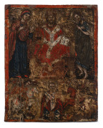 An antique Greek Deesis icon with throned Christ surrounded by the Virgin Mary, John the Baptist, St. George and St. Demetrios, circa 1800,29.5 x 23cm