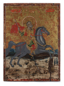 A Syrian icon of Saint Menas on horseback, hand-painted on wooden panel, 18th/19th century,29 x 21.5cm
