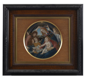 An antique religious scene after Botticelli or Lippi, circular painting on board, 19th century, housed in a fine period frame, 19cm diameter, 38 x 43cm overall