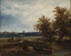 European School Rural scene with village in the distance, oil on board, late 18th/early 19th Century, ​21 x 26cm.