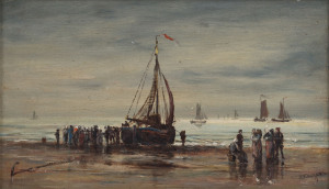 Adolphe RAGON (English,1847-1924) Trawler at the water's edge, oil on board, circa 1920,