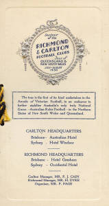 RICHMOND v CARLTON: "Souvenir of the Richmond & Carlton Football Clubs Tour of Queensland & New South Wales, July-August 1930" rare 4-page programme/itinerary for both clubs, housed within a stiff card cover with embossed graphics on the front, this one t