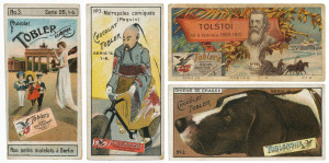 TOBLER & CO. TRADE CARDS: An original c.1900, Tobler & Co. album loosely containing more than 125 original cards, circa 1900, with themes including Flowers, Tom Thumb, Robinson Crusoe, Italian Costumes, Parrots, Steamboats, Russian Costumes, Caricatures, Poultry, Dogs, Men-of-War, Globe Trotting, Parisian Traders, Monuments, etc. Mixed condition; mainly fine.