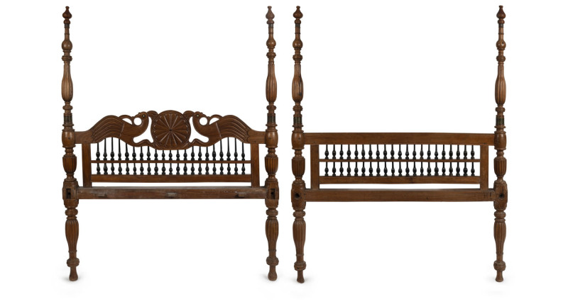 An antique Anglo-Indian four post double bed, carved teak and ebony with original hand-woven rattan base, 19th century, 181cm high, 140 cm wide, 220cm long