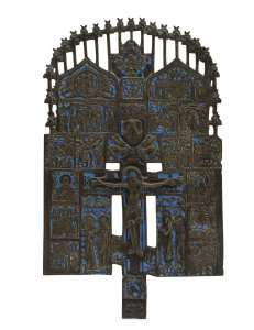 A Russian Old Believers house cross or Kyot, cast bronze and blue enamel, 19th century,39 x 23.5cm