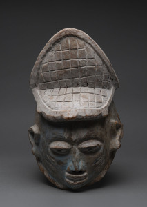 Gelede mask, carved wood with blue and grey polychrome finish, Yoruba tribe, Nigeria, 30cm high