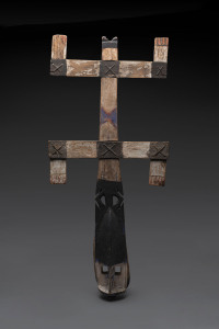 Kanaga design mask with Lorraine cross top, carved wood and fibre with painted finish, Dogon tribe, Mali, ​106cm high