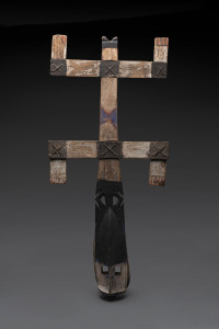 Kanaga design mask with Lorraine cross top, carved wood and fibre with painted finish, Dogon tribe, Mali, 106cm high